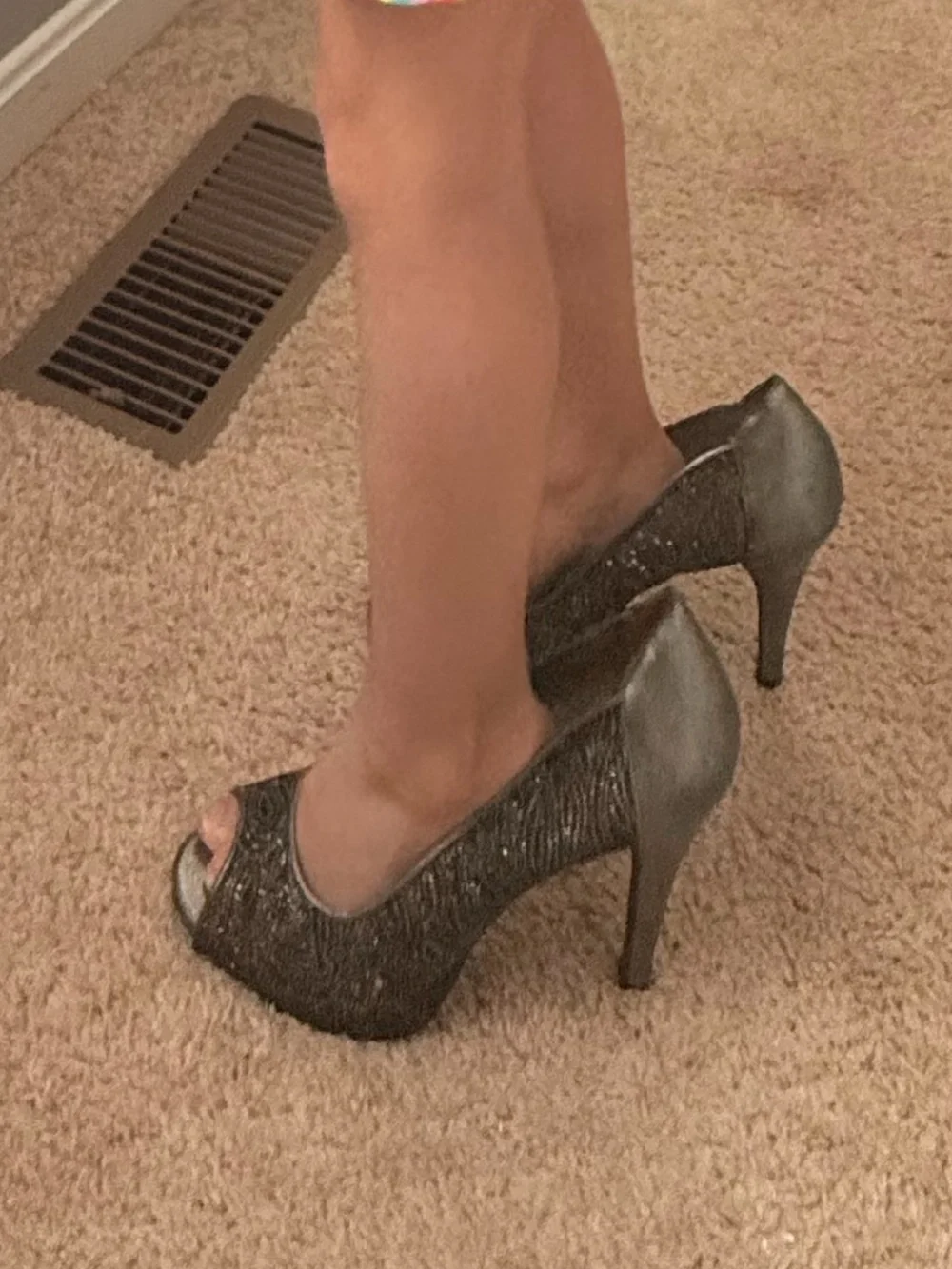 Pewter Glitter Peep Toe High Heels